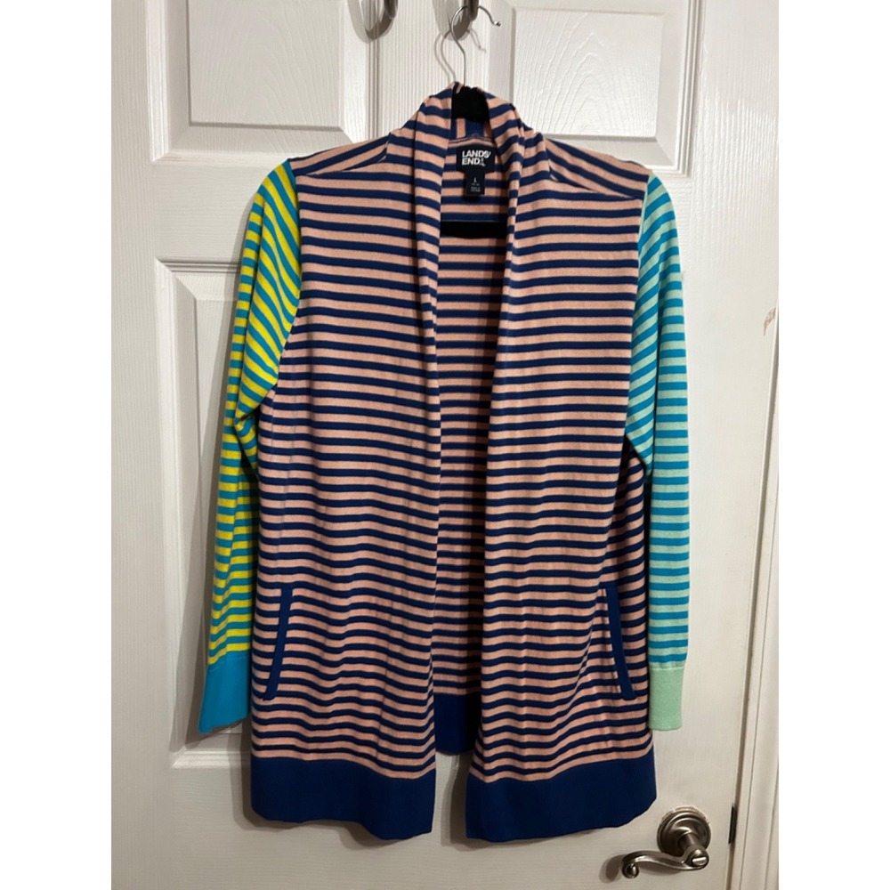 Lands' End Striped Open-Front Cardigan in Pink, Navy, Teal & Lime